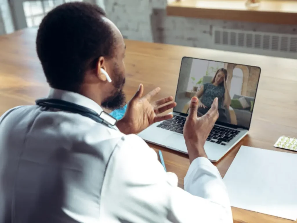 Private online psychiatry appointment via secure video call