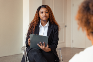 Therapist speaking with a client during a private mental health support appointment in Lancashire