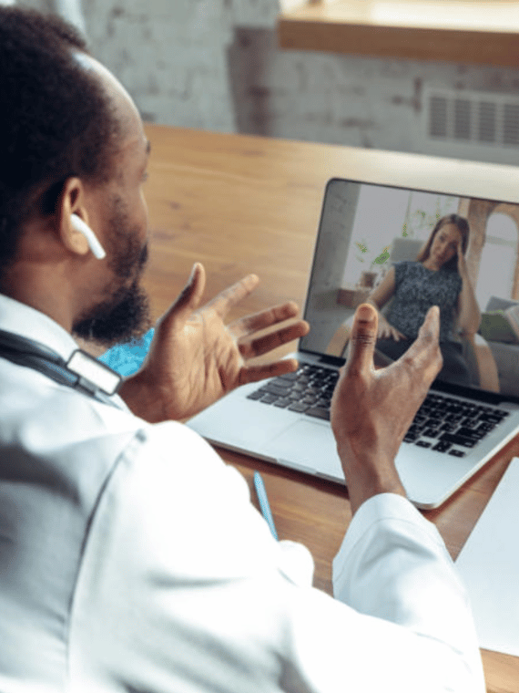Mental health professional speaking with a patient during an online appointment